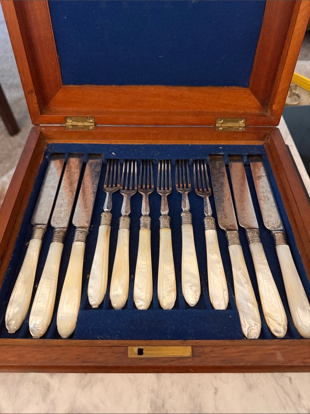 Antique Mother of Pearl 12pc Fruit Knife Fork Set Sterling Tested Ferrules